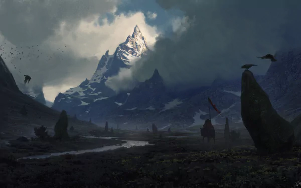 A dramatic fantasy landscape featuring a towering mountain peak, a warrior silhouetted in the foreground, and a crow flying above, all set against a moody sky. HD desktop wallpaper.