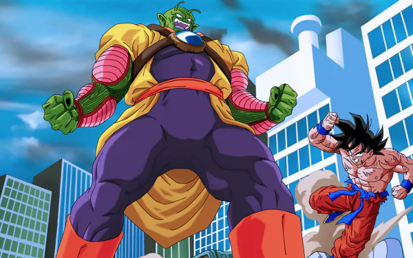 Goku battles a massive foe in this vibrant Dragon Ball Z HD wallpaper, showcasing dynamic anime art and the intense energy of the iconic series.