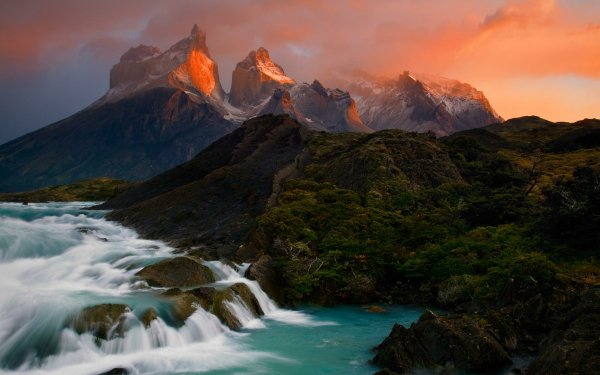 Nature Torres del Paine Mountains Mountain Waterfall Sunset Patagonia Andes Landscape HD Wallpaper | Background Image