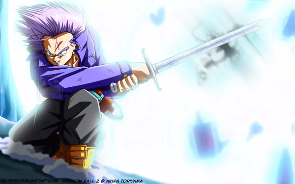 HD desktop wallpaper featuring Trunks from Dragon Ball Z, wielding a sword with intense energy in an anime action scene.