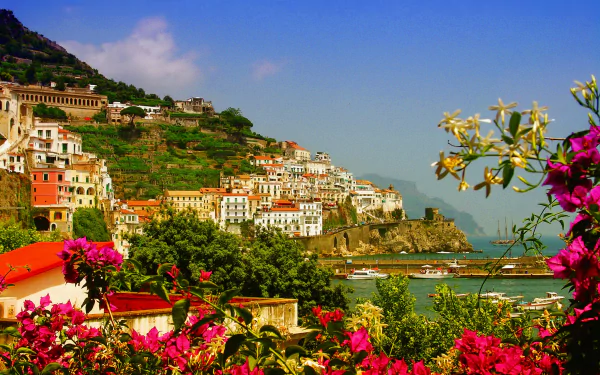 Vibrant pink flowers frame a stunning view of Amalfi’s colorful hillside houses and boats on the ocean, capturing the charm of this iconic man-made Italian coastal town.