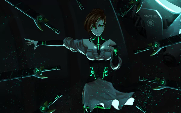 A dynamic HD wallpaper featuring Penny Polendina from RWBY, showcasing her with glowing accents and striking a powerful pose amidst an abstract backdrop.