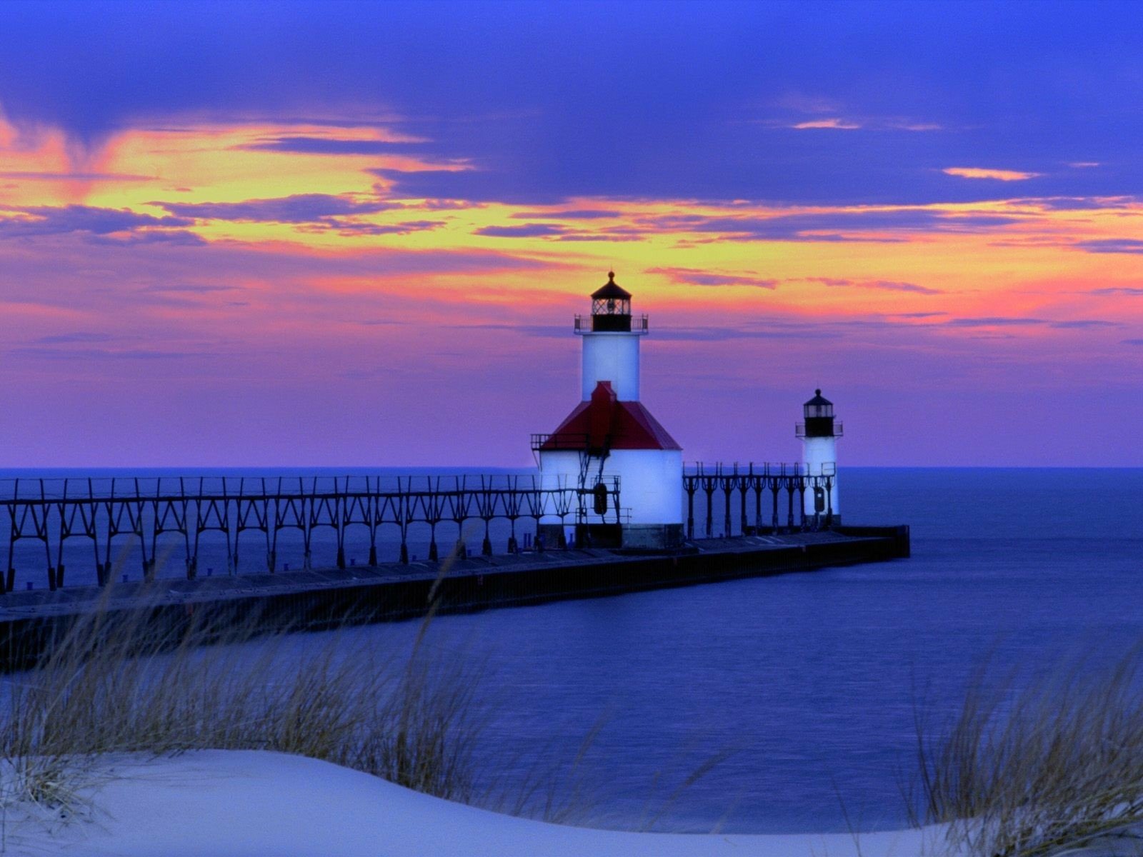 Download Sunset Ocean Michigan St. Joseph Man Made Lighthouse Wallpaper
