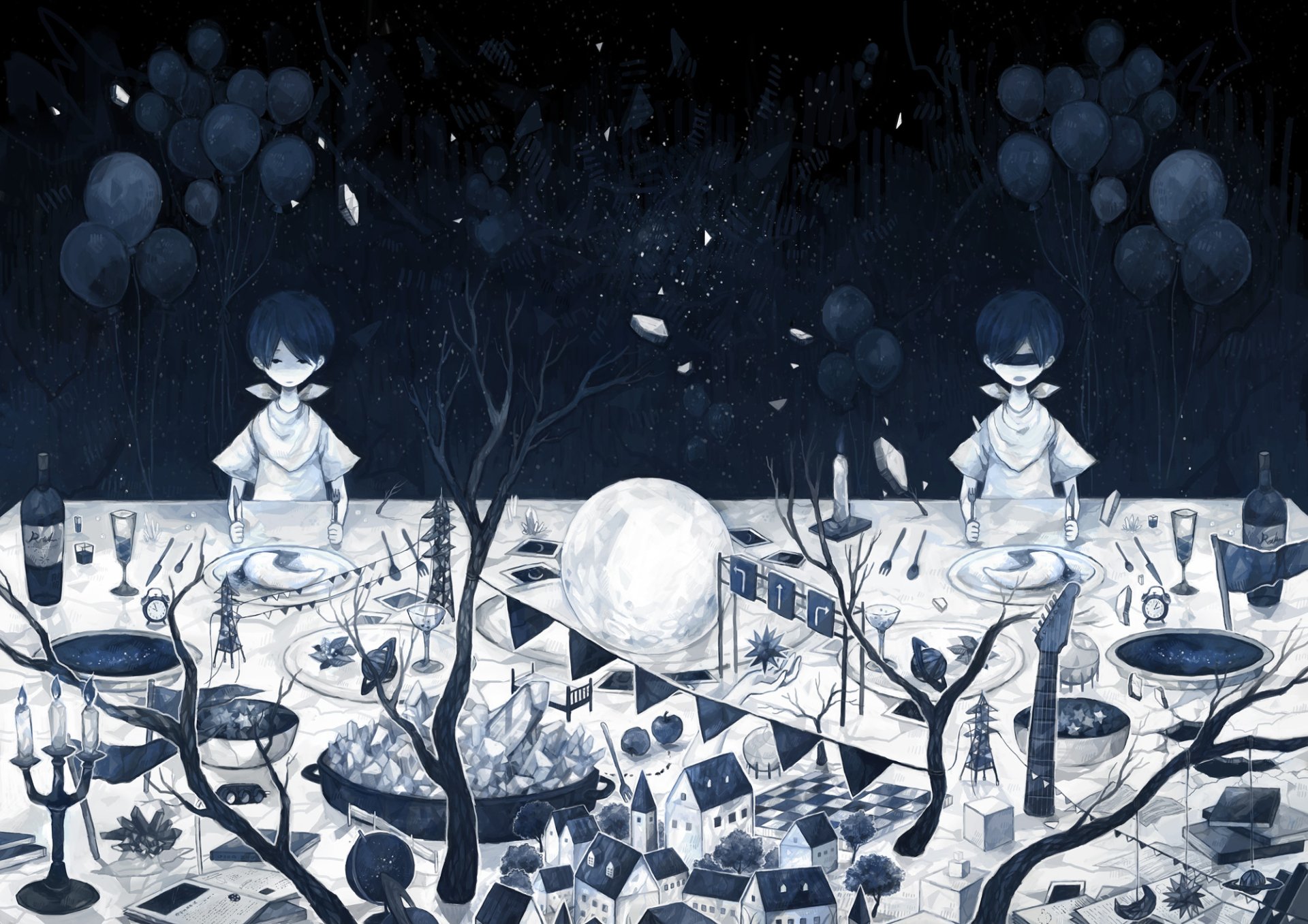 Download Eye Patch Balloon Candle Building Knife Fork Tree Anime Original HD Wallpaper