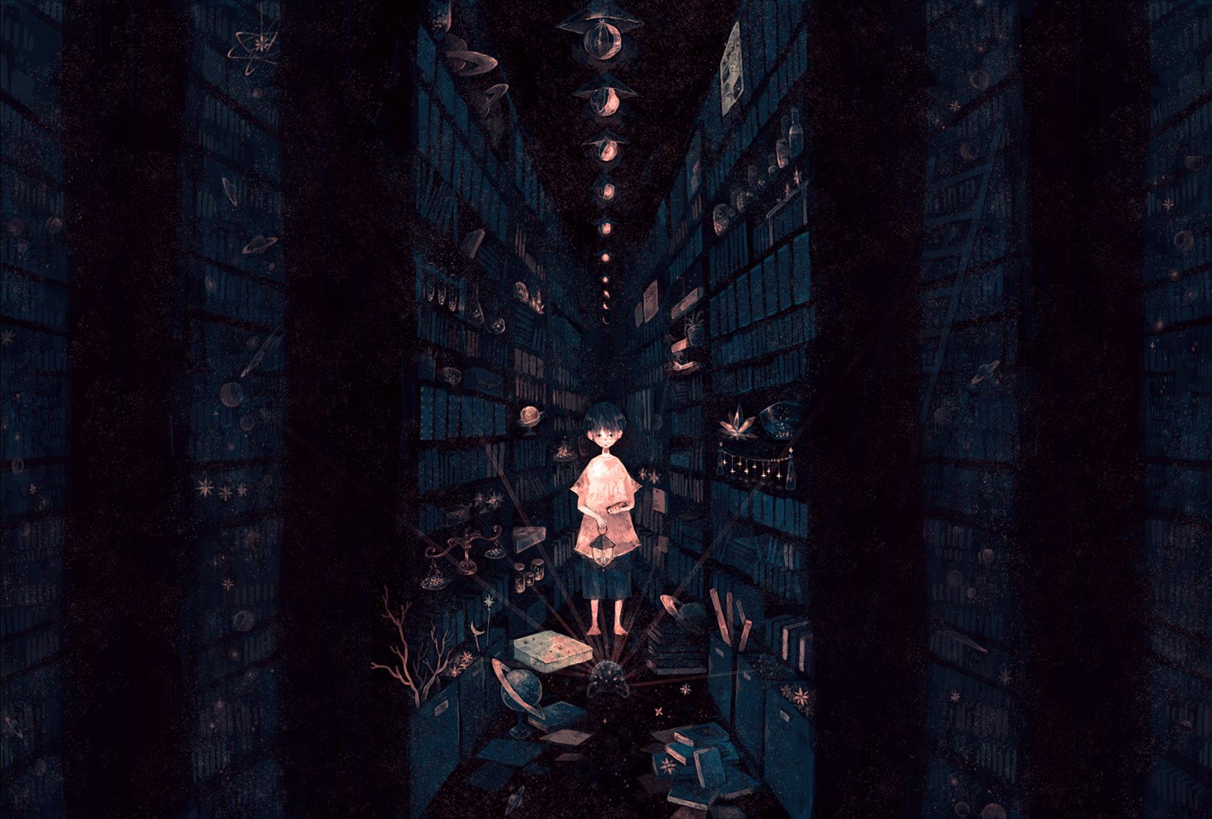 A serene anime scene features a character surrounded by floating books and lanterns in a dark library, creating an enchanting atmosphere for an HD desktop background.