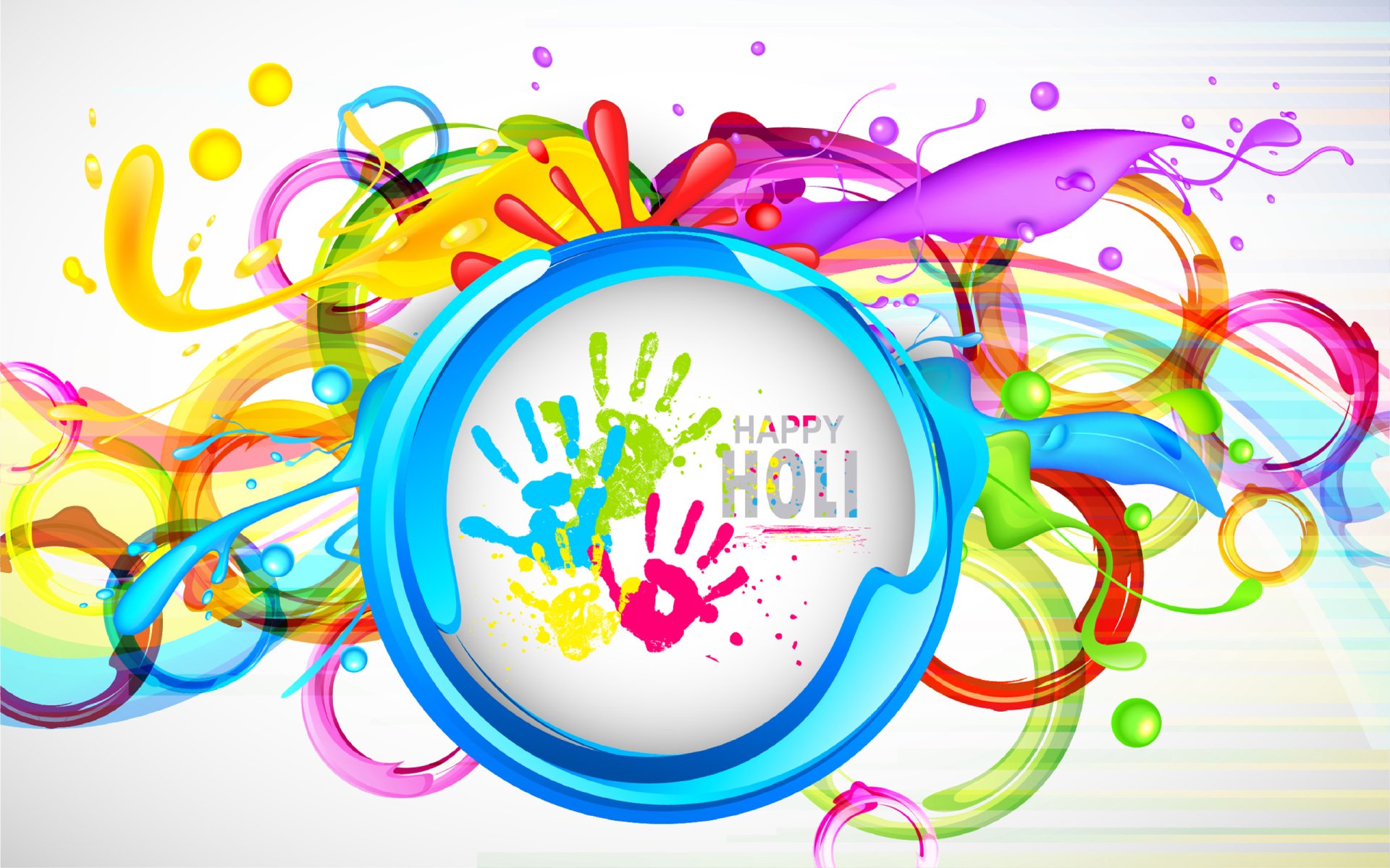 Colorful handprints and vibrant swirls burst around a circular frame with Happy Holi text, celebrating the Holi holiday in this HD PC desktop wallpaper background.