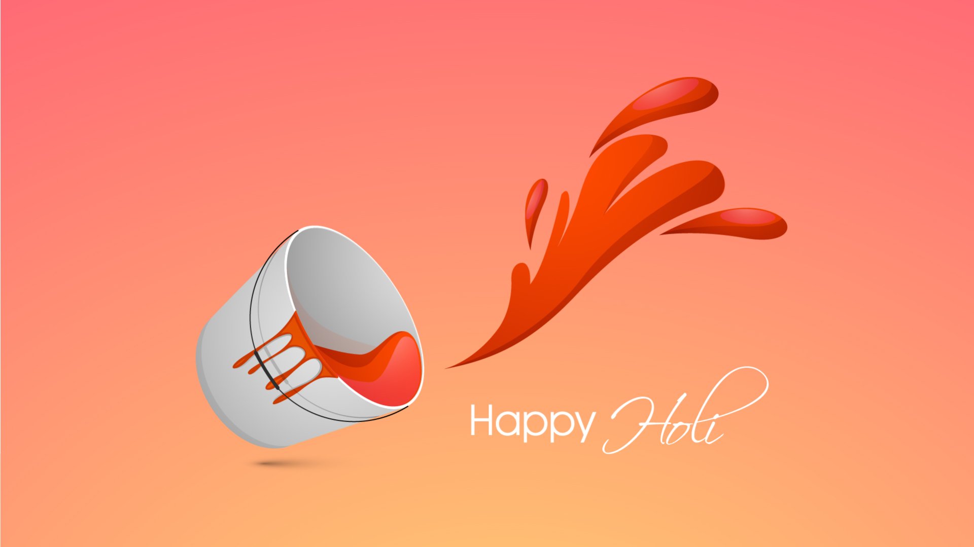 HD PC desktop wallpaper/background: red Holi splash spilling from a tipped cup on a warm gradient, with Happy Holi text.