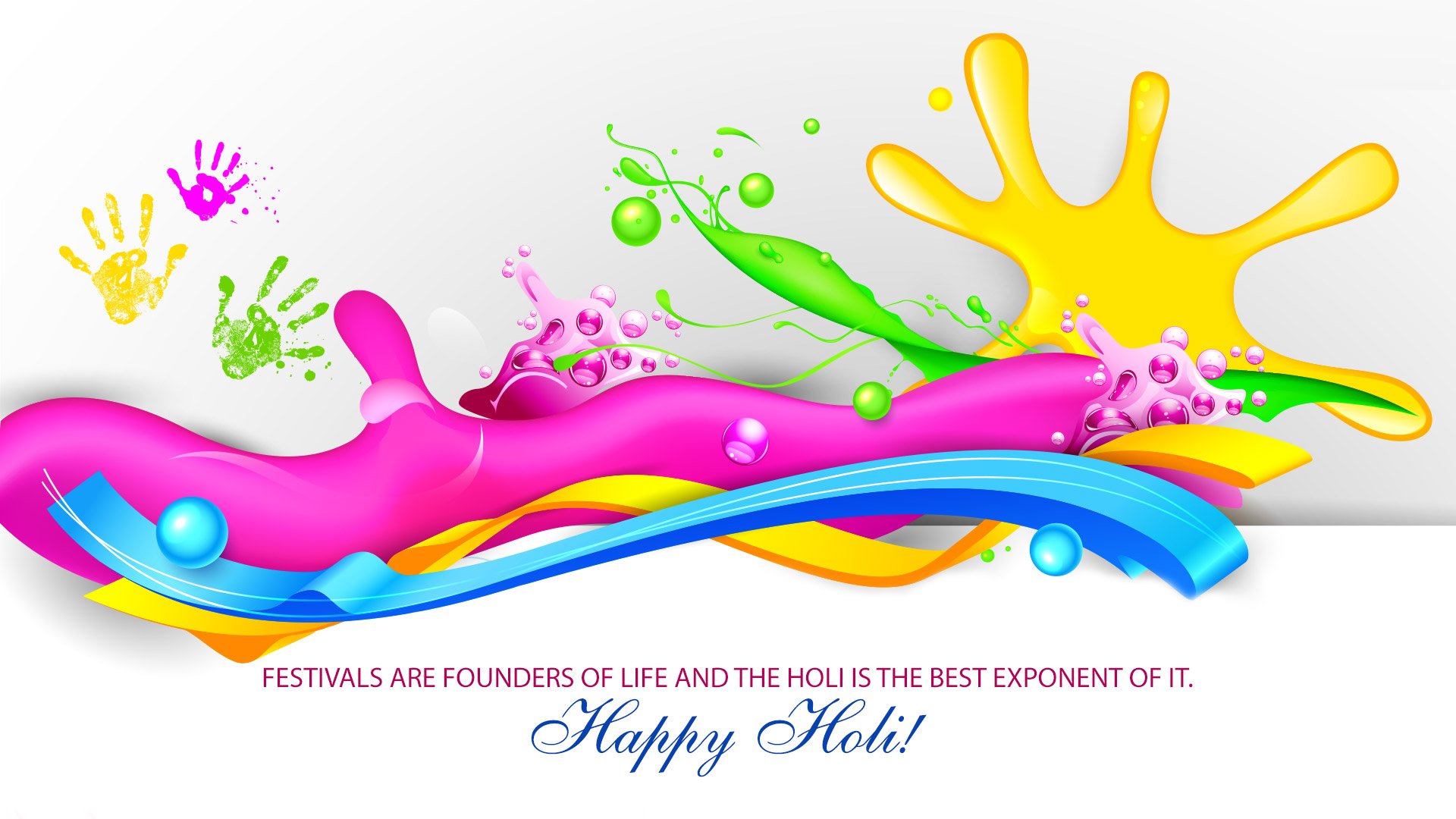 Vibrant HD wallpaper celebrating Holi, featuring colorful splashes, handprints, and a festive message. A lively representation of the holiday's spirit. Happy Holi!