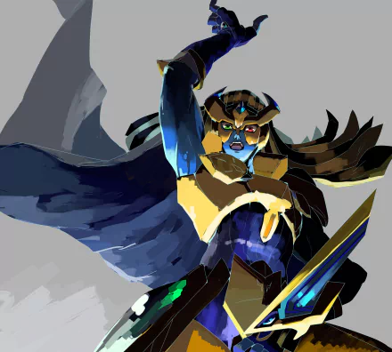 HD PC desktop wallpaper of a Yu-Gi-Oh! Zexal anime character in blue-and-gold armor, cape billowing, striking a dramatic pose while wielding a glowing sword.
