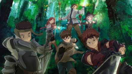 A vibrant HD wallpaper featuring characters Manato, Shihoru, Ranta, Haruhiro, Yume, and Moguzo from Grimgar of Fantasy and Ash in a lush forest setting.