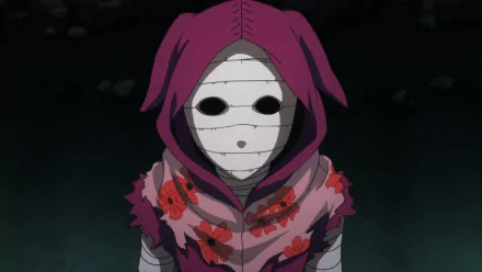 Eto Yoshimura from Tokyo Ghoul appears in this HD desktop wallpaper, wearing a floral hooded cloak and a white mask, exuding an eerie and mysterious presence.