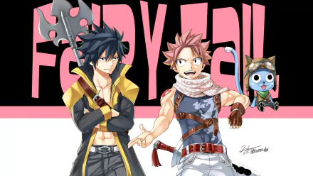 HD wallpaper featuring Gray Fullbuster and Natsu Dragneel from the anime Fairy Tail, showcasing their dynamic personalities alongside Happy, the flying cat.