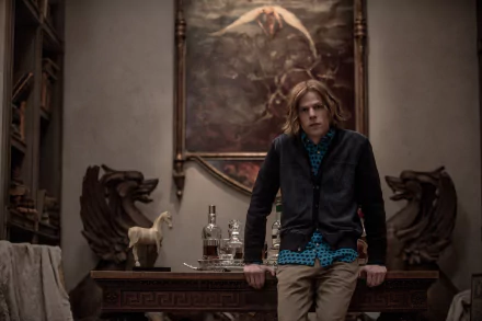 Lex Luthor, portrayed by Jesse Eisenberg in *Batman V Superman: Dawn of Justice*, stands confidently in a dimly lit room, surrounded by ornate decor and a striking painting.