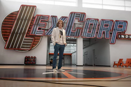 Jesse Eisenberg as Lex Luthor stands confidently in LexCorp Industries, showcasing a sleek, modern backdrop from *Batman V Superman: Dawn of Justice*. HD desktop wallpaper format.