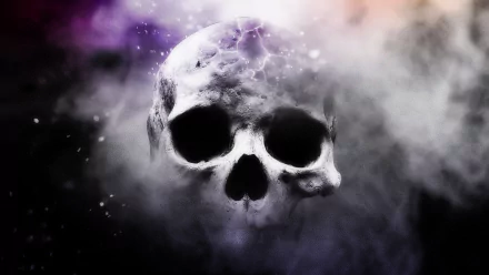 A mystic dark skull emerges from swirling smoke, set against a dramatic backdrop, creating a captivating HD desktop wallpaper for eerie ambiance.