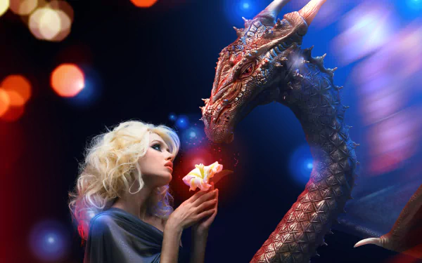 A fantasy 4K Ultra HD wallpaper featuring a blonde woman holding a glowing flower while gazing at a horned dragon-like beast in a mystical, vibrant setting.