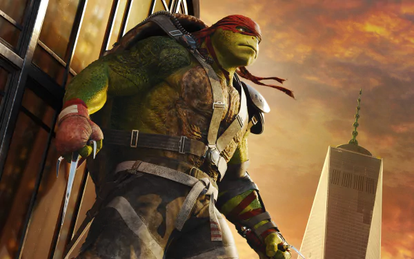 Raphael from Teenage Mutant Ninja Turtles: Out of the Shadows stands confidently against a dramatic skyline, showcasing his fierce character in this HD desktop wallpaper.