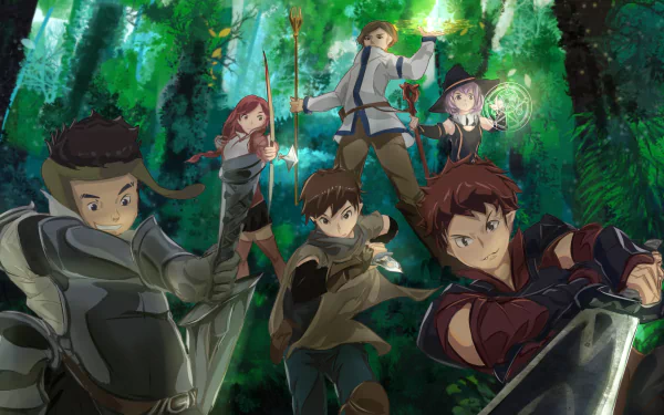 A vibrant HD wallpaper featuring characters Manato, Shihoru, Ranta, Haruhiro, Yume, and Moguzo from Grimgar of Fantasy and Ash in a lush forest setting.