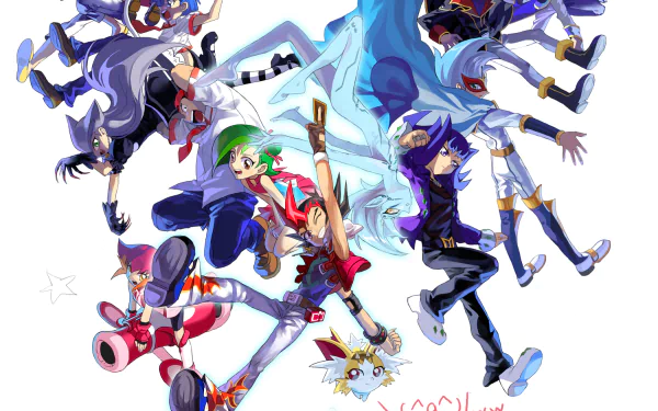 HD PC desktop wallpaper featuring dynamic characters from the anime Yu-Gi-Oh! Zexal in vibrant colors and action-packed poses.