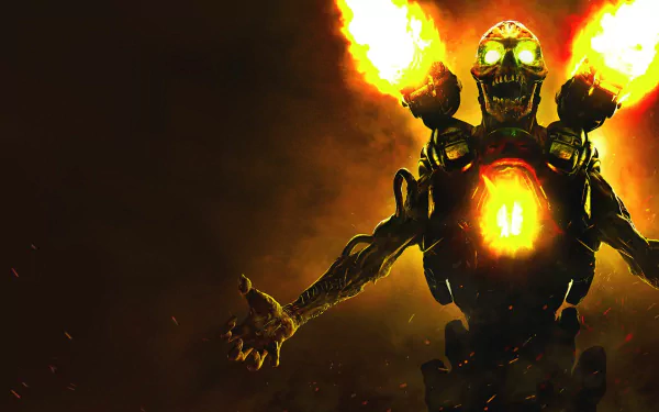 A striking HD desktop wallpaper from Doom (2016), featuring a menacing figure with fiery blasts, set against a dark, dynamic background.