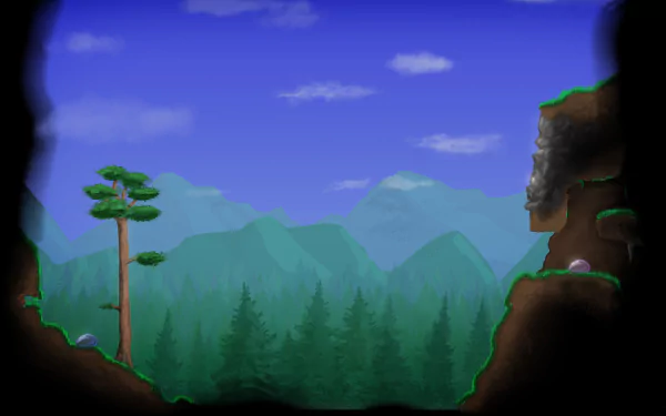 HD PC desktop wallpaper featuring a scenic Terraria video game landscape with trees, mountains, and a bright blue sky.
