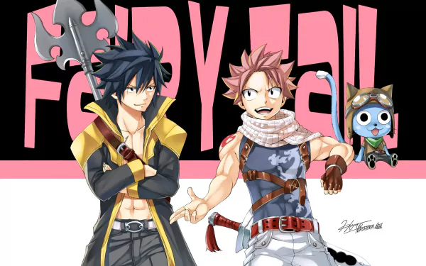 HD wallpaper featuring Gray Fullbuster and Natsu Dragneel from the anime Fairy Tail, showcasing their dynamic personalities alongside Happy, the flying cat.