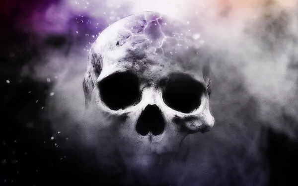 A mystic dark skull emerges from swirling smoke, set against a dramatic backdrop, creating a captivating HD desktop wallpaper for eerie ambiance.