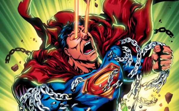 A dynamic HD desktop wallpaper featuring Superman breaking free from chains, showcasing his iconic cape and powerful stance, energetic colors, and striking comic-style art.