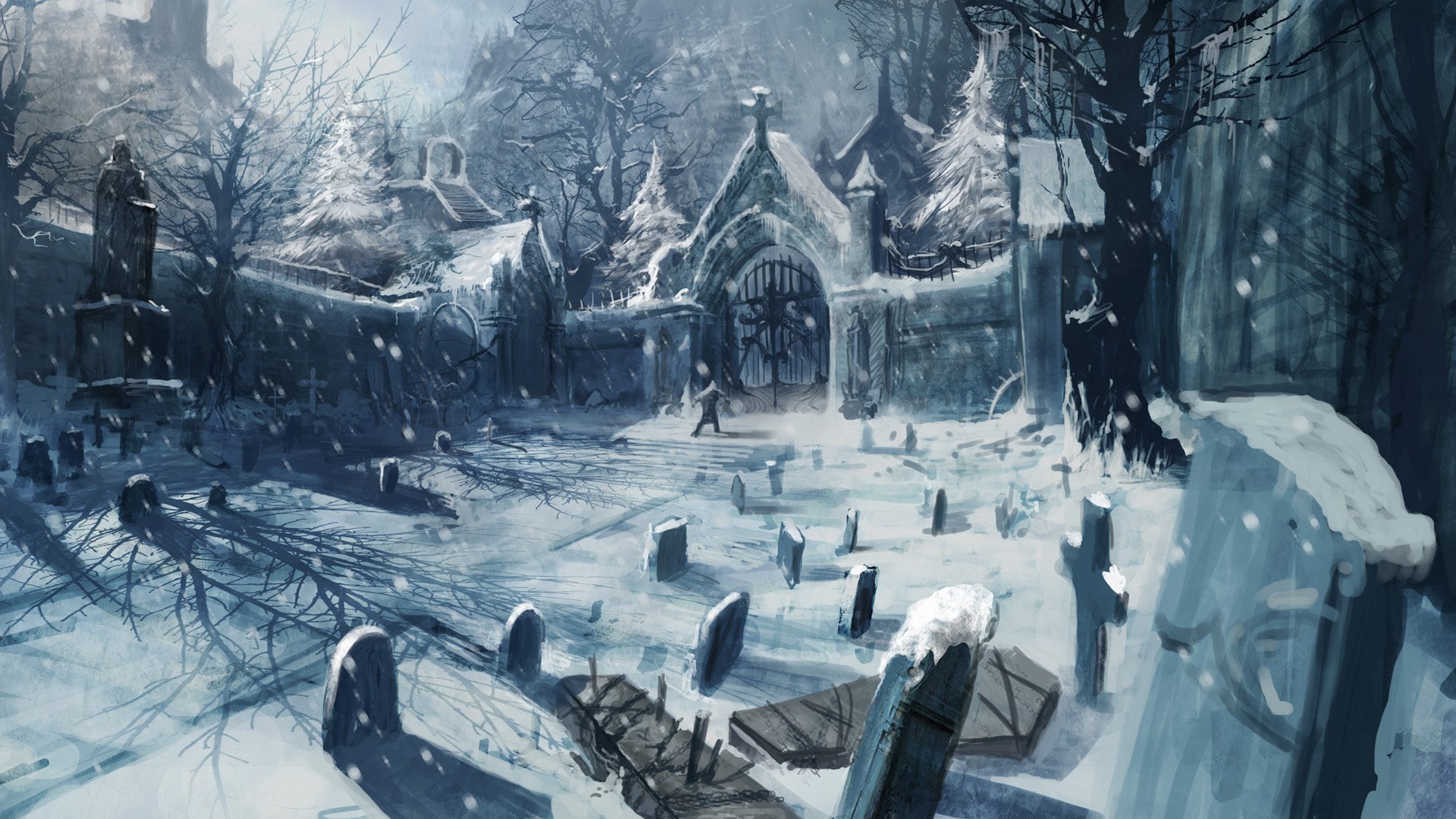 HD PC desktop wallpaper from Castlevania: Lords of Shadow featuring a snowy winter cemetery scene with tombstones and a gated crypt in a cold, eerie atmosphere.