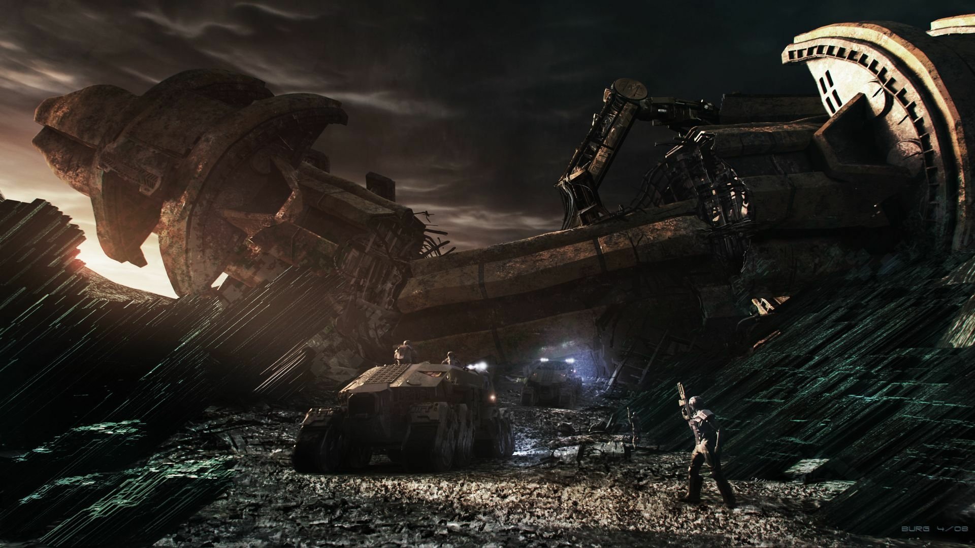 HD sci-fi desktop wallpaper depicting a soldier amidst ruins with a large futuristic vehicle under a dark, moody sky.