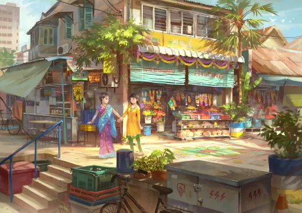 Anime scene featuring two characters with long black hair in a colorful marketplace, surrounded by vibrant shops and greenery. This 4K Ultra HD wallpaper captures a lively atmosphere.