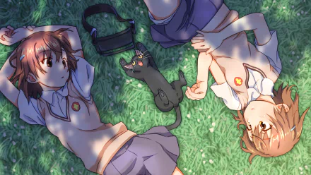 HD desktop wallpaper of anime characters Mikoto Misaka and the Sisters from A Certain Scientific Railgun lying on grass in school uniforms, with a black cat between them. Both have short brown hair and brown eyes.