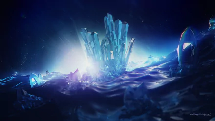 A stunning 3D artistic depiction of blue crystals emerging from a luminous background, creating a captivating HD desktop wallpaper and background.