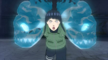 Hinata Hyuga unleashes powerful chakra in this HD wallpaper from the video game Naruto Shippuden: Ultimate Ninja Storm 4, showcasing her fierce determination and unique abilities.
