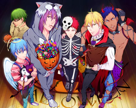 HD desktop wallpaper featuring anime characters Seijūrō Akashi, Atsushi Murasakibara, Shintarō Midorima, Tetsuya Kuroko, Ryōta Kise, and Daiki Aomine from Kuroko's Basketball, dressed in Halloween costumes.