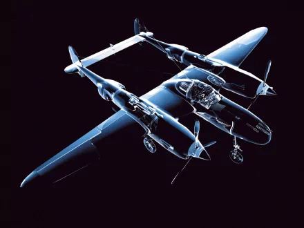 A striking HD wallpaper featuring a P-38 Lightning aircraft, showcasing its unique twin-engine design against a sleek black background.