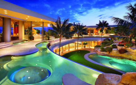 HD desktop wallpaper of a luxury tropical beach resort with a modern building, curvy pool, palm trees, and lush greenery.