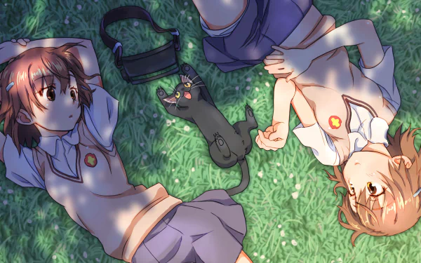 HD desktop wallpaper of anime characters Mikoto Misaka and the Sisters from A Certain Scientific Railgun lying on grass in school uniforms, with a black cat between them. Both have short brown hair and brown eyes.