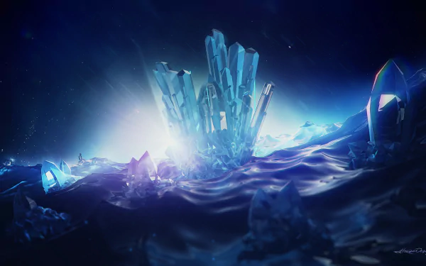 A stunning 3D artistic depiction of blue crystals emerging from a luminous background, creating a captivating HD desktop wallpaper and background.