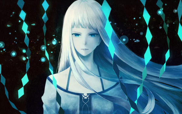 A stunning anime character with white long hair and blue eyes, adorned in a glittering dress, stands amidst a background of shimmering geometric shapes, creating a captivating atmosphere.