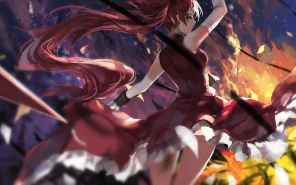 Kyōko Sakura from *Puella Magi Madoka Magica* is depicted in this vibrant HD anime wallpaper, showcasing her dynamic pose amid swirling leaves and a dramatic background.