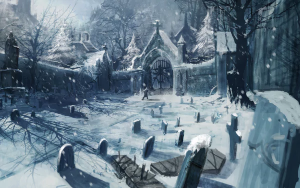HD PC desktop wallpaper from Castlevania: Lords of Shadow featuring a snowy winter cemetery scene with tombstones and a gated crypt in a cold, eerie atmosphere.