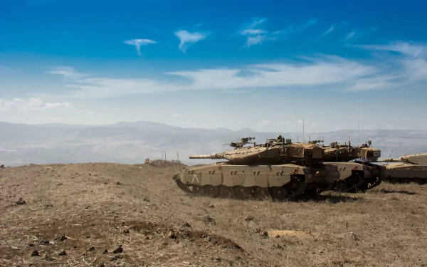 4K Ultra HD wallpaper featuring Merkava military tanks positioned on a barren hillside under a clear blue sky.