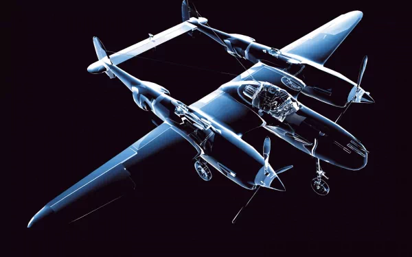 A striking HD wallpaper featuring a P-38 Lightning aircraft, showcasing its unique twin-engine design against a sleek black background.