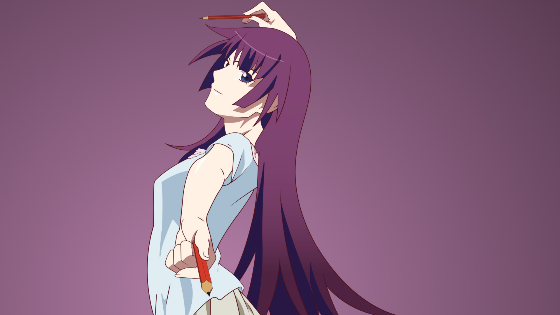 Hitagi Senjōgahara (Monogatari series) anime portrait—long purple hair, poised with outstretched arm—4K Ultra HD PC desktop wallpaper/background.