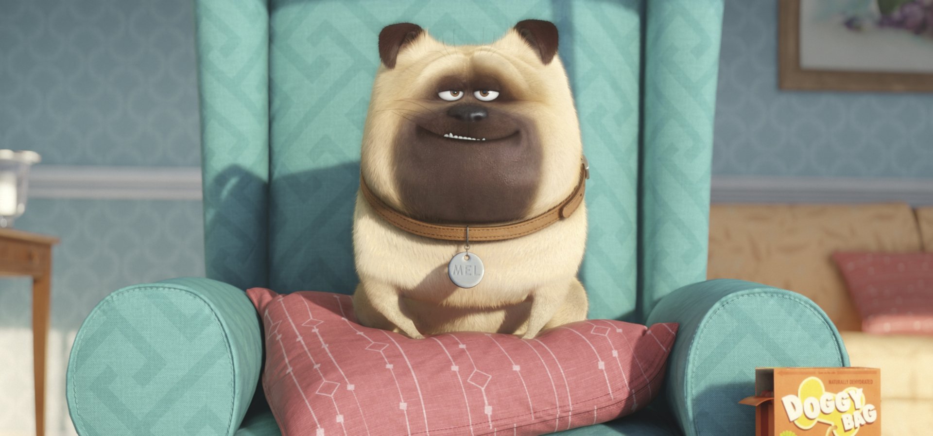A relaxed pug character from The Secret Life of Pets sits comfortably on a patterned chair, creating a vibrant HD desktop wallpaper background.