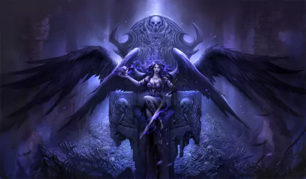 A gothic fantasy scene featuring an angel warrior with black wings and a glowing sword, seated on a skeletal throne. The HD wallpaper evokes a dark, mystical ambiance.
