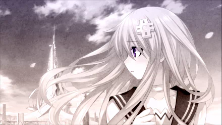 HD wallpaper of Nepgear from Hyperdimension Neptunia Victory with long flowing hair, purple eyes, and a sad expression, set against a cloudy sky background.