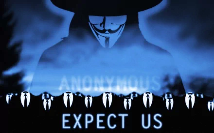 HD desktop wallpaper featuring a stylized figure with a Guy Fawkes mask, the text ANONYMOUS EXPECT US in blue. The image relates to technology and anonymity, presenting a mysterious and striking visual theme.