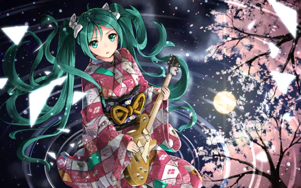 Anime character with long green hair and green eyes, Hatsune Miku, in a colorful kimono playing a guitar. The background features cherry blossoms and a moonlit night. The image is a HD desktop wallpaper.